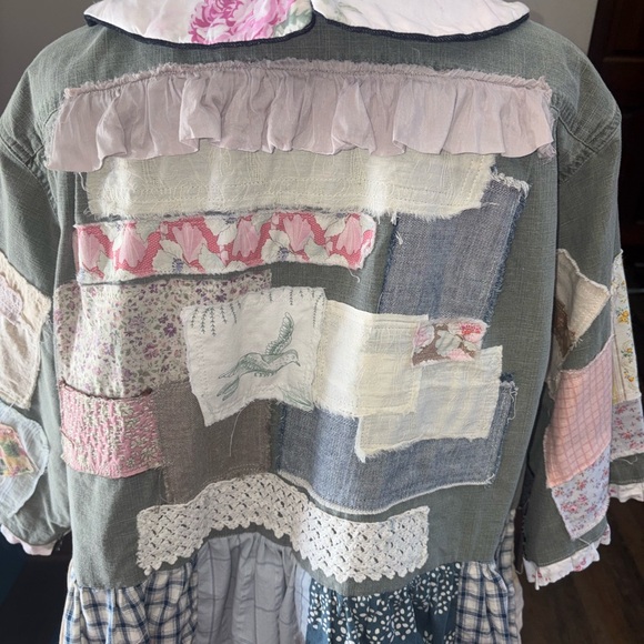 Handmade Artisan Vintage Materials Jacket Silk Bow Closure Peter Pan Collar XL - Picture 4 of 16